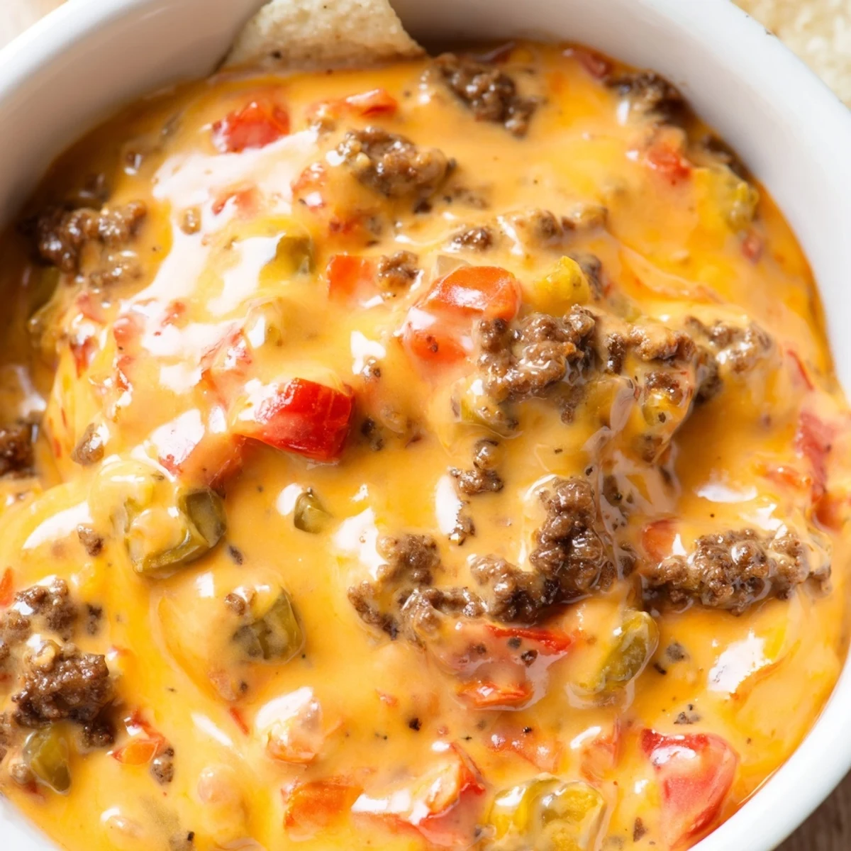 Warm creamy Rotel dip in a slow cooker with melted cheese and tortilla chips