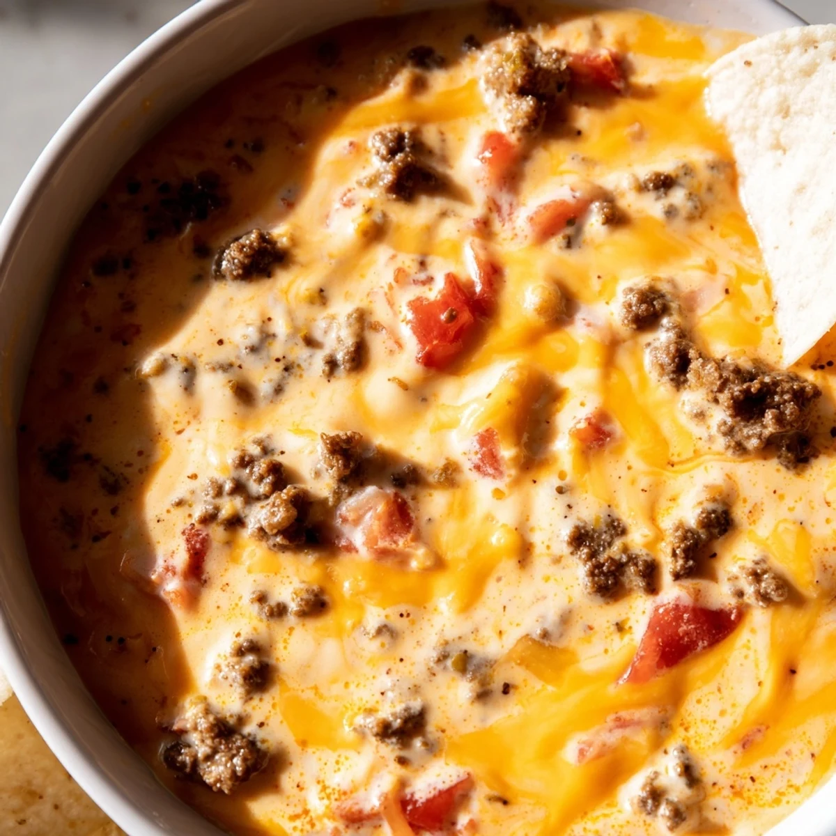 Bubbling Crockpot Rotel dip scooped onto a crispy chip at a game day party