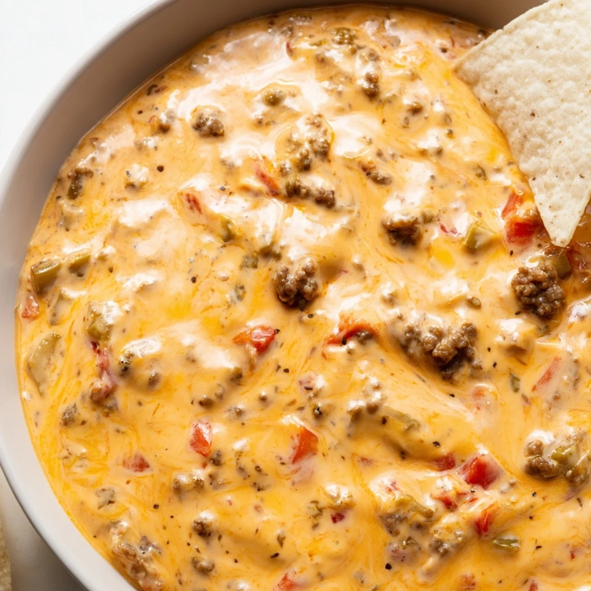Golden cheesy Rotel dip garnished with jalapeños served in a festive bowl