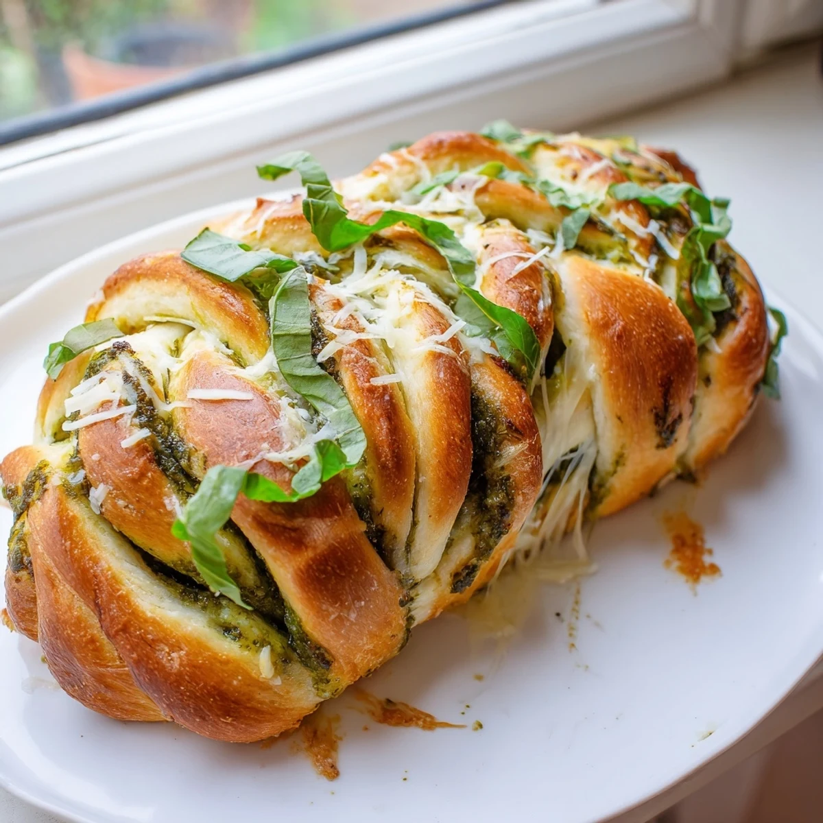 Golden cheesy braided pesto bread with bubbling mozzarella and fresh basil leaves