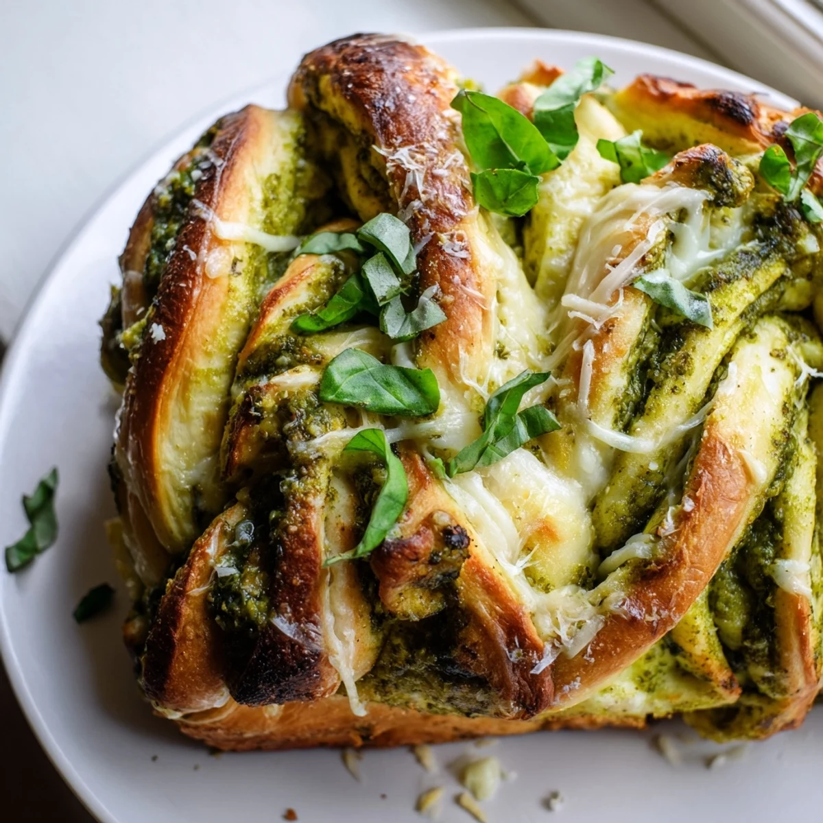 Warm cheesy braided pesto bread sliced open revealing melted cheese and herb filling