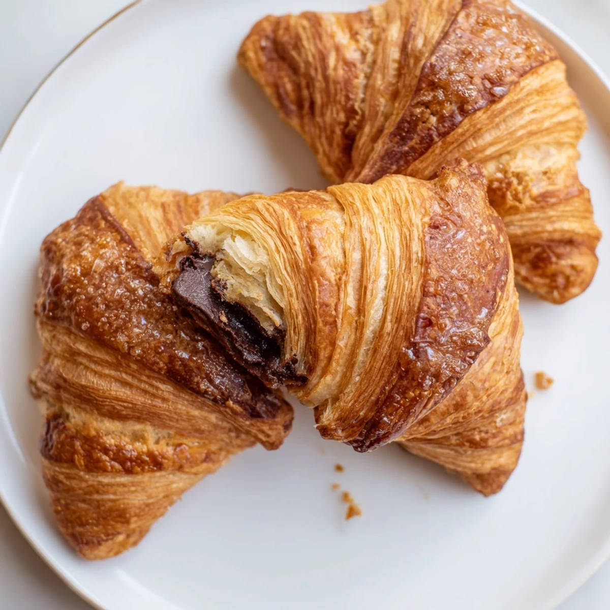Flaky chocolate croissant cookies dusted with sparkling sugar on parchment paper