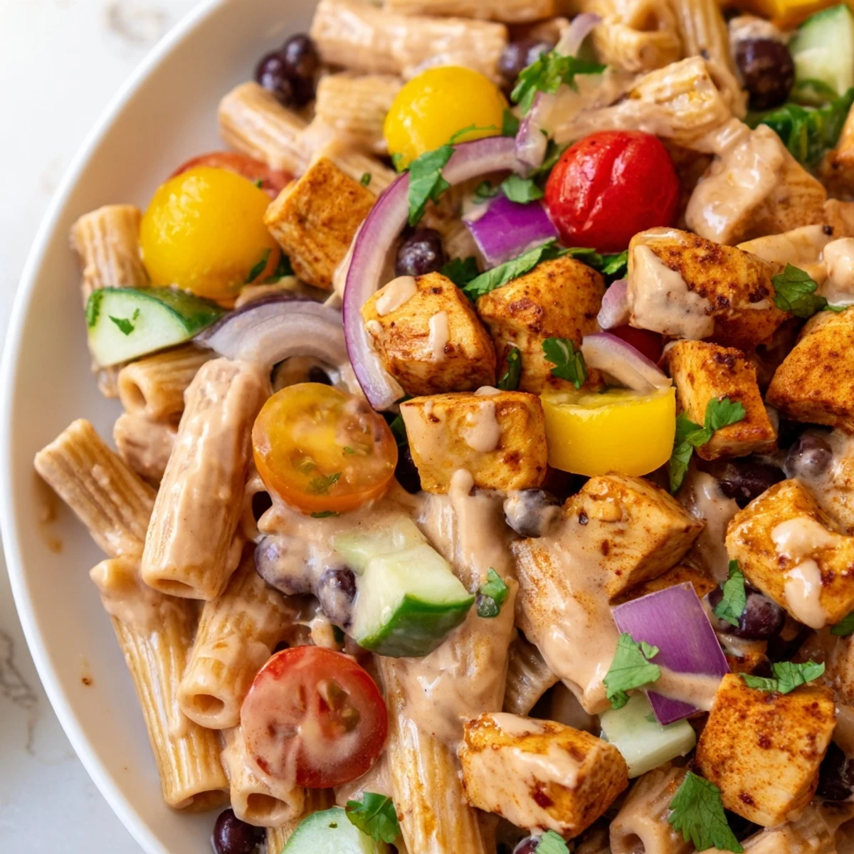 Creamy zesty BBQ chicken pasta salad in a large bowl with fresh cilantro garnish