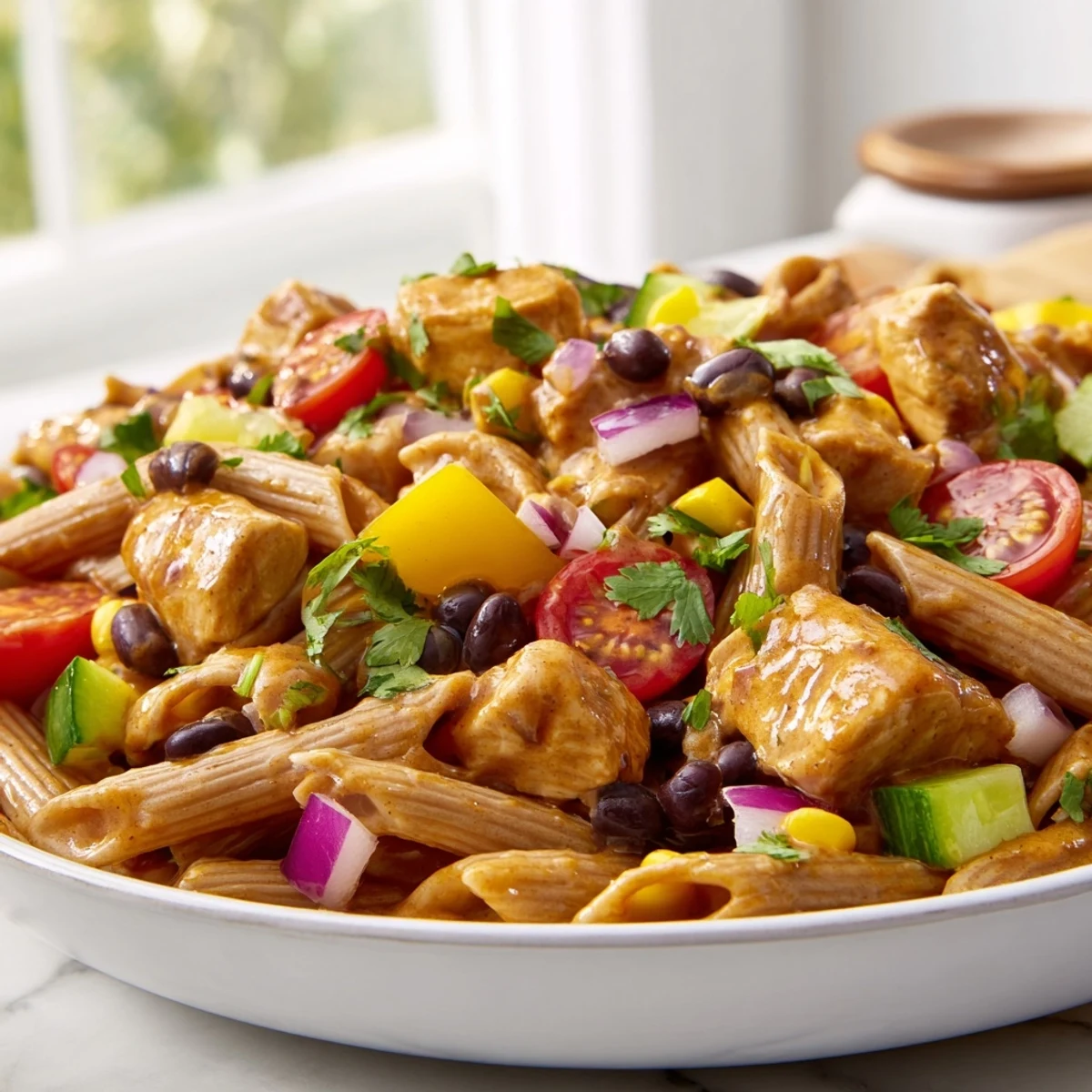 Colorful BBQ chicken pasta salad loaded with tender smoked chicken and crisp garden vegetables