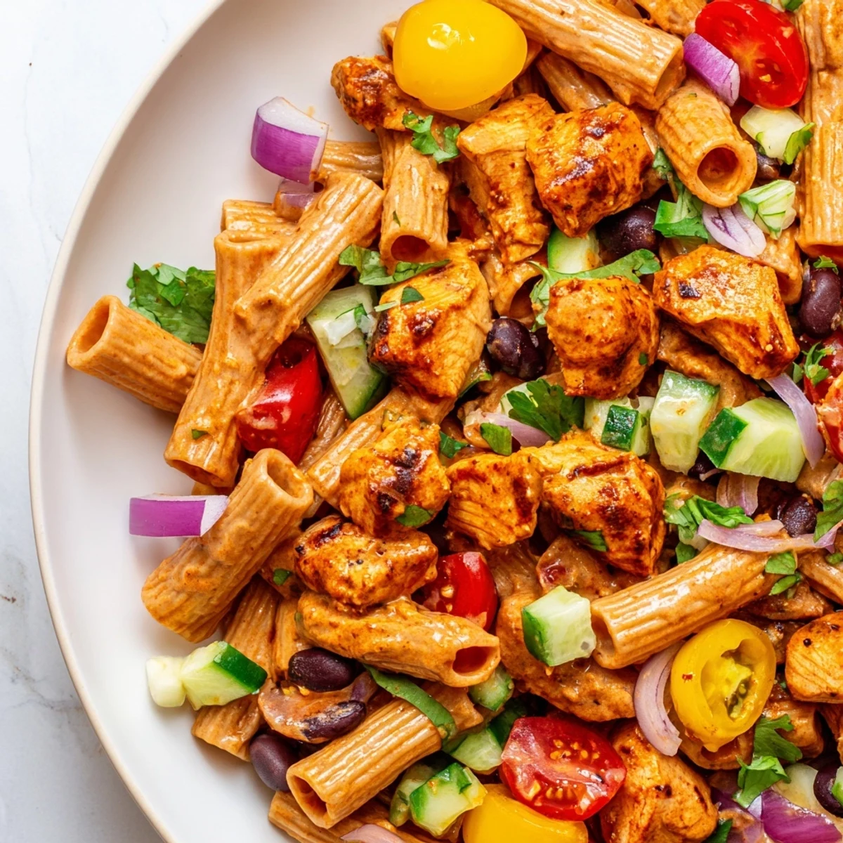 Hearty high protein BBQ chicken pasta salad with juicy chicken and tangy yogurt dressing