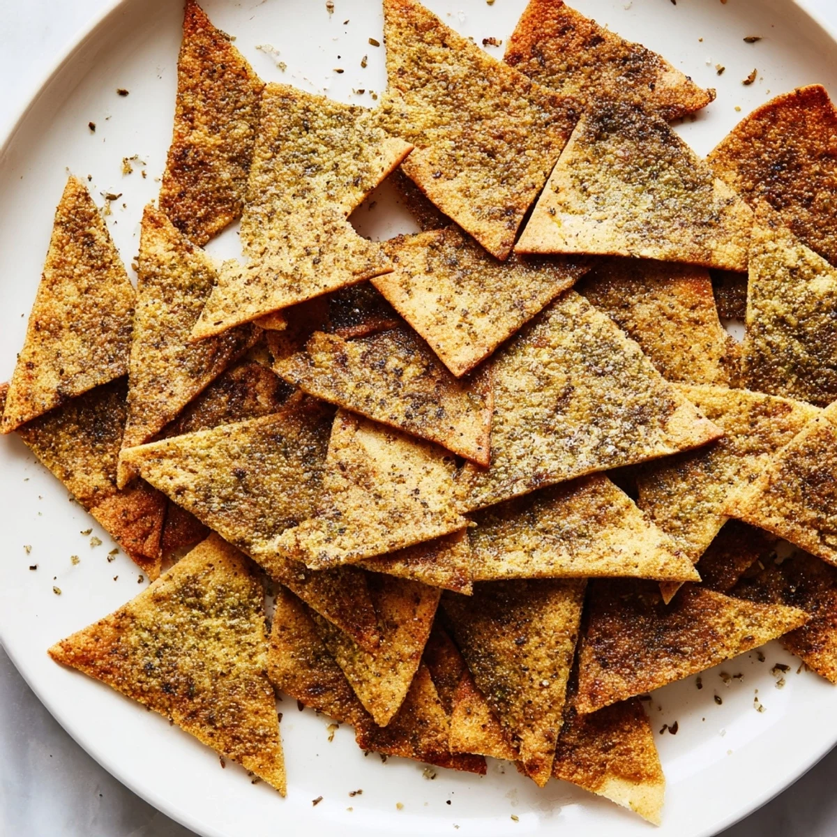 Warm baked za'atar pita chips sprinkled with herbs beside a creamy hummus bowl