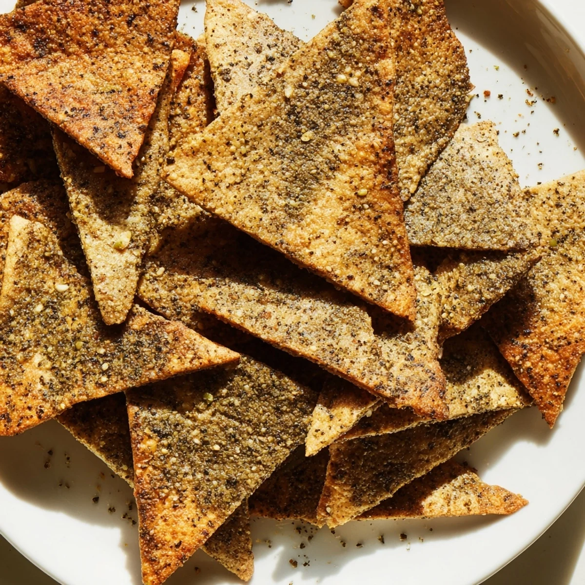 Golden crispy za'atar pita chips arranged on a rustic wooden serving board