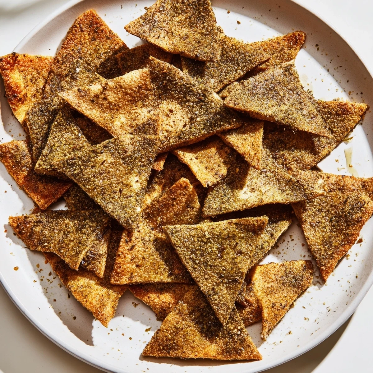 Crunchy za'atar pita chips fresh from the oven piled in a snack bowl