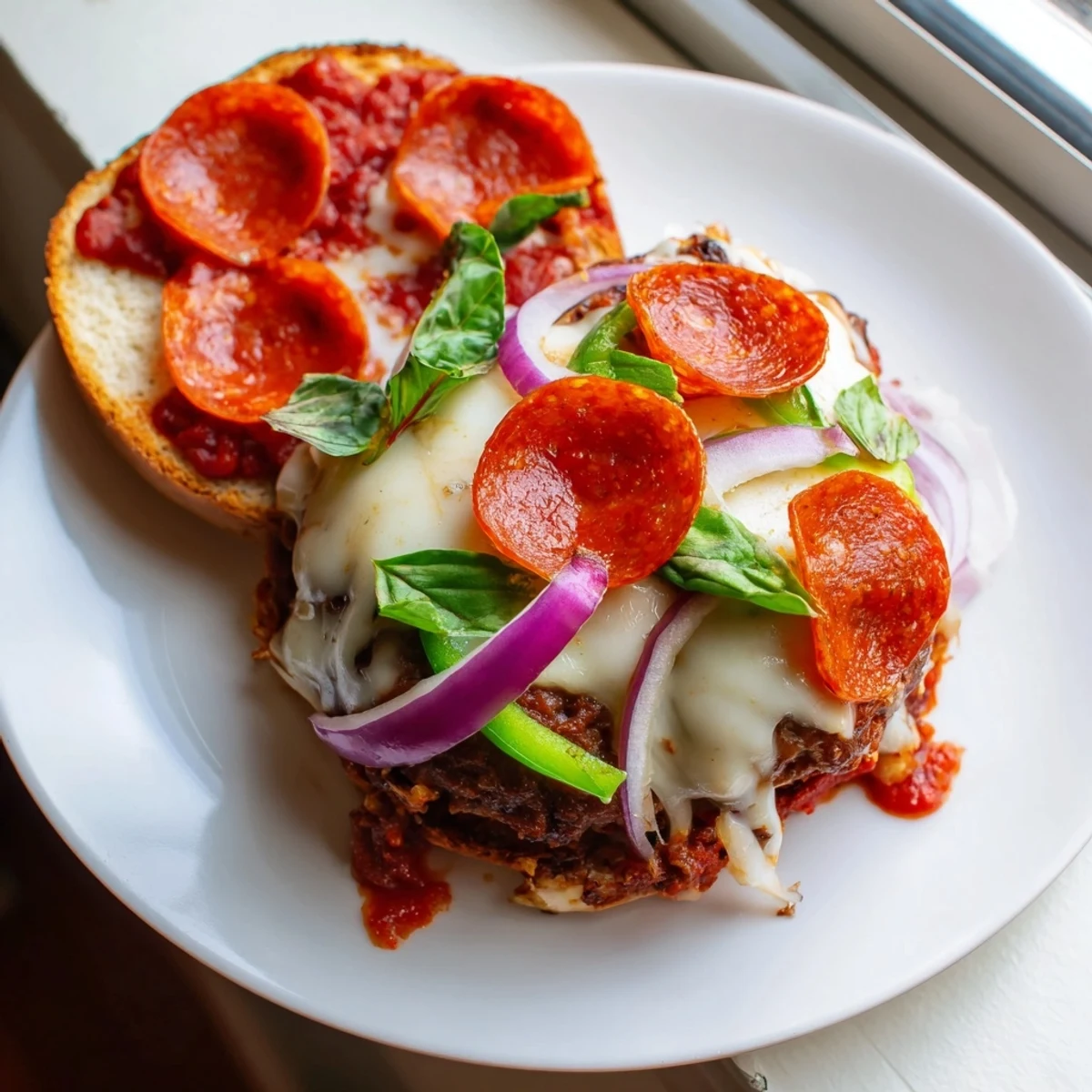 Melted mozzarella and pepperoni top these juicy pizza burgers on toasted buns