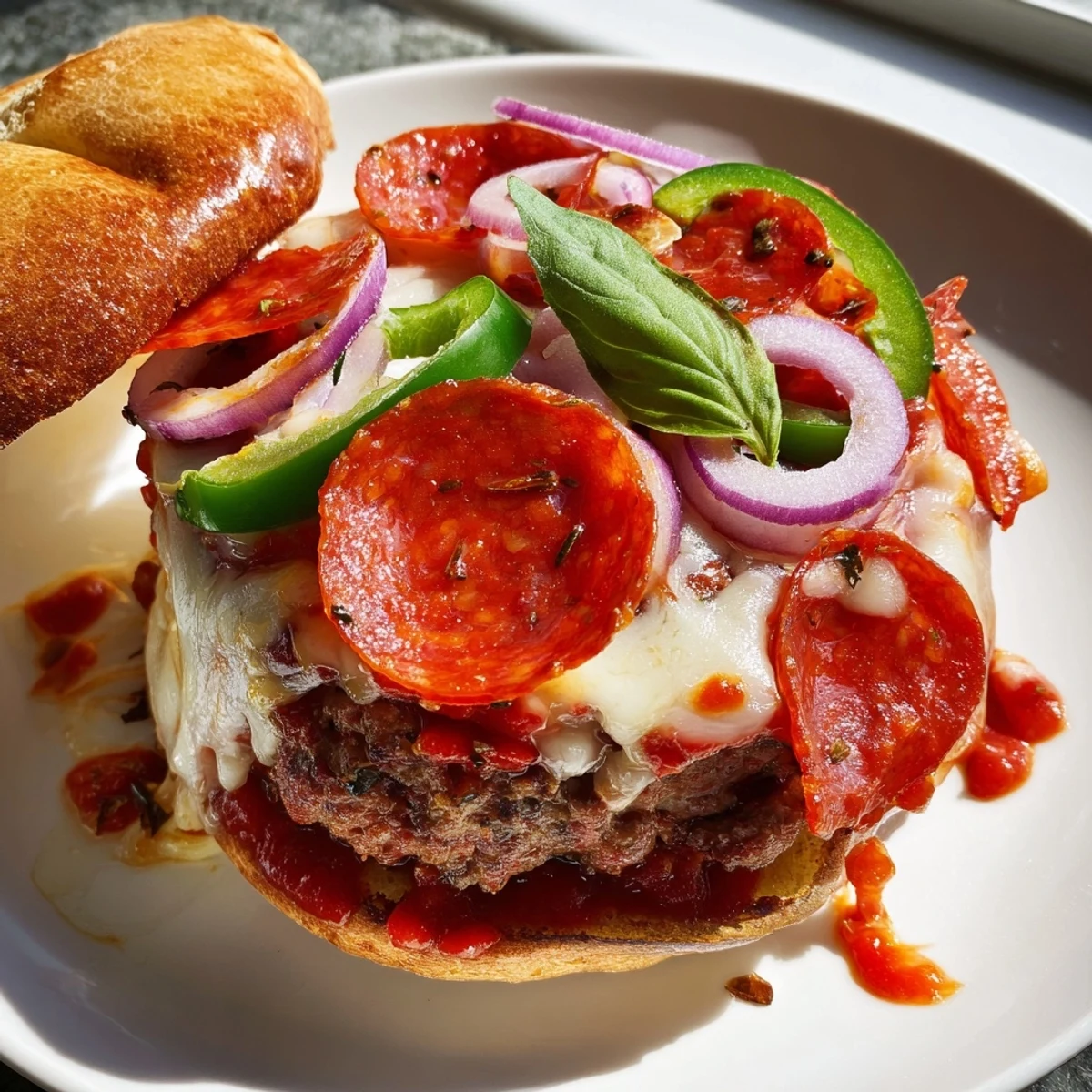 Crispy bell peppers and rich pizza sauce cover these sizzling pizza burgers