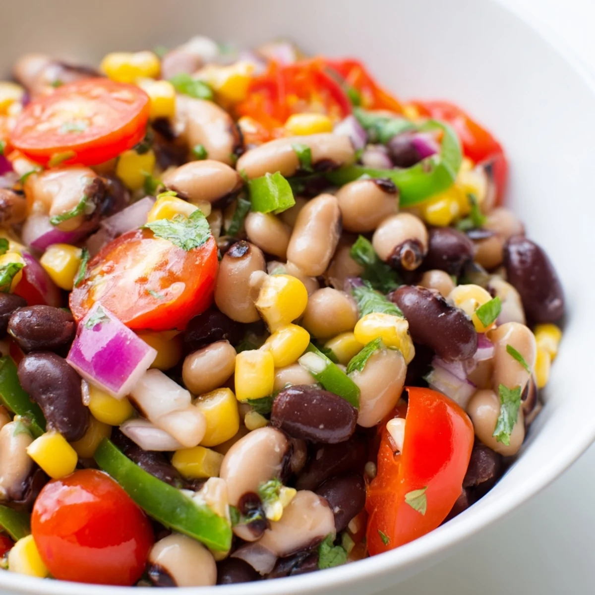 Colorful Cowboy Caviar recipe served in a bowl with crunchy tortilla chips