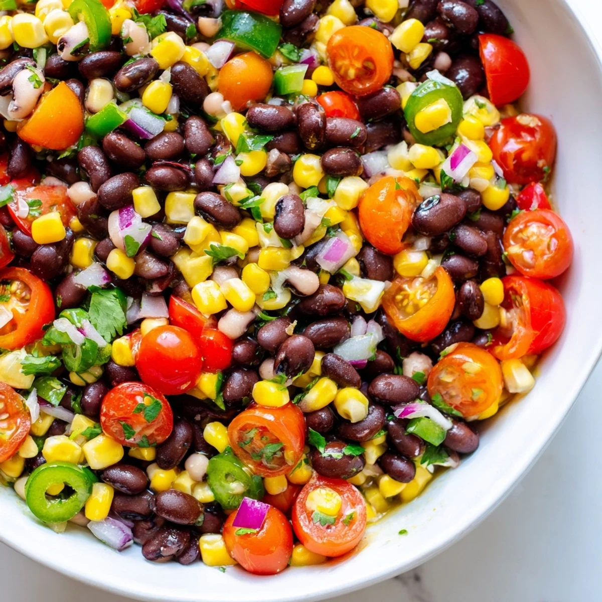 Fresh Cowboy Caviar recipe featuring black beans, corn, and zesty lime dressing