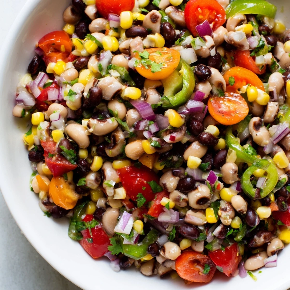 Vibrant Cowboy Caviar recipe garnished with cilantro in a rustic serving bowl