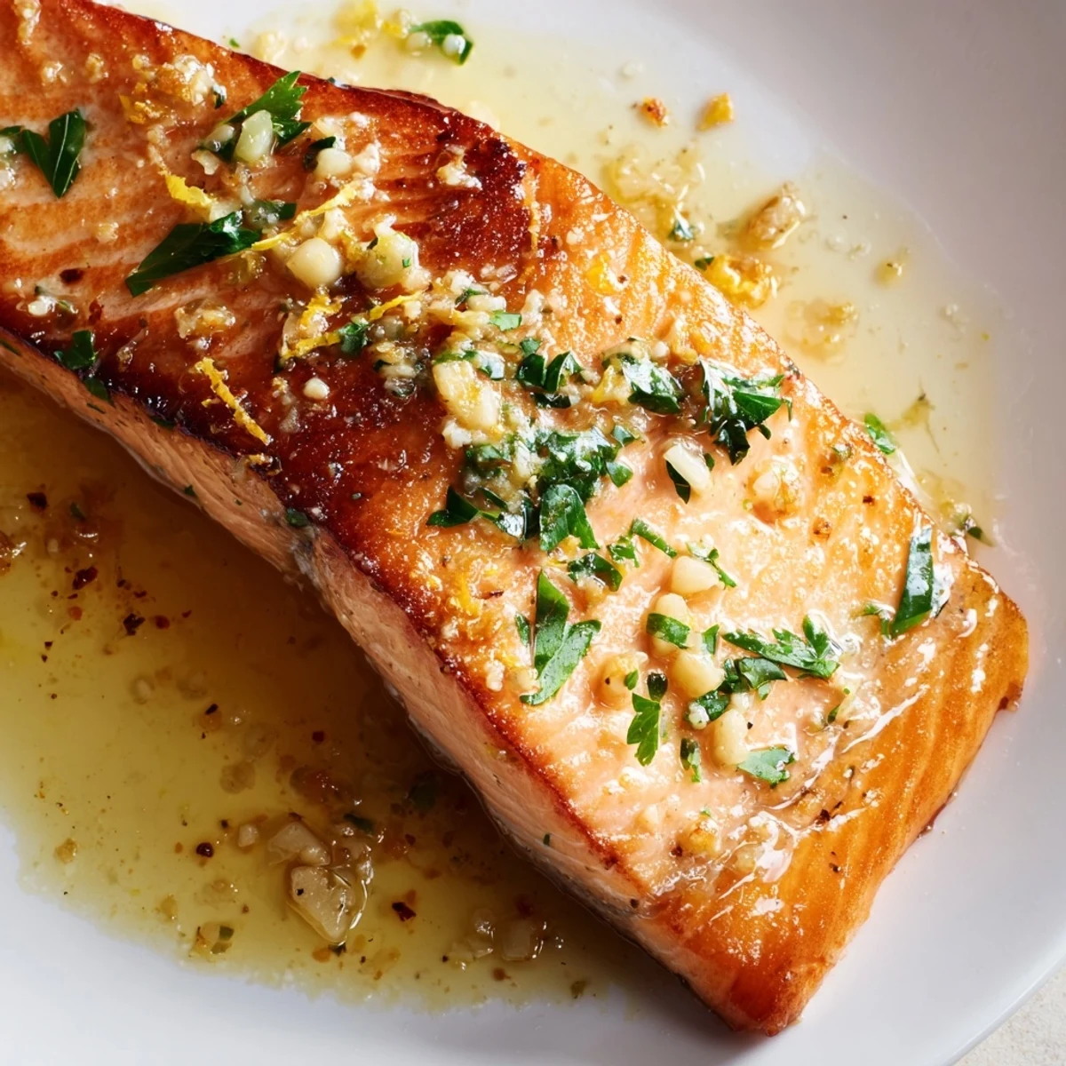 Golden garlic butter salmon fillets glistening in a lemon herb pan sauce