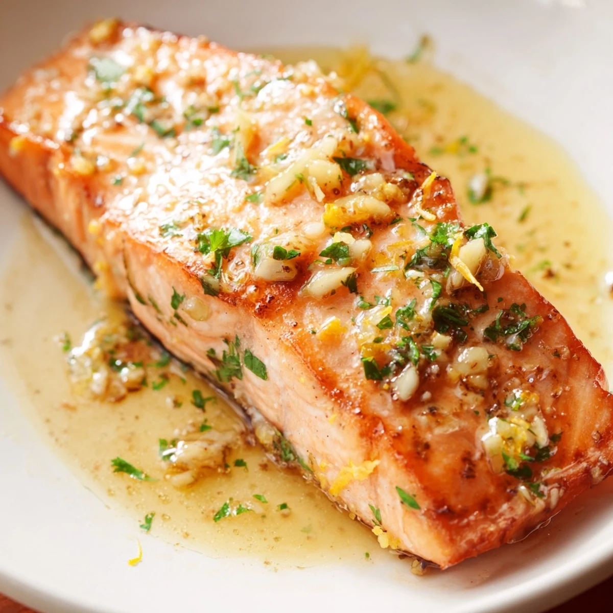 Pan-seared garlic butter salmon topped with fresh parsley and lemon wedges
