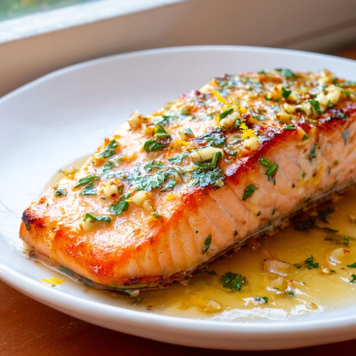 Crispy-skinned garlic butter salmon drizzled with rich, aromatic lemon butter sauce