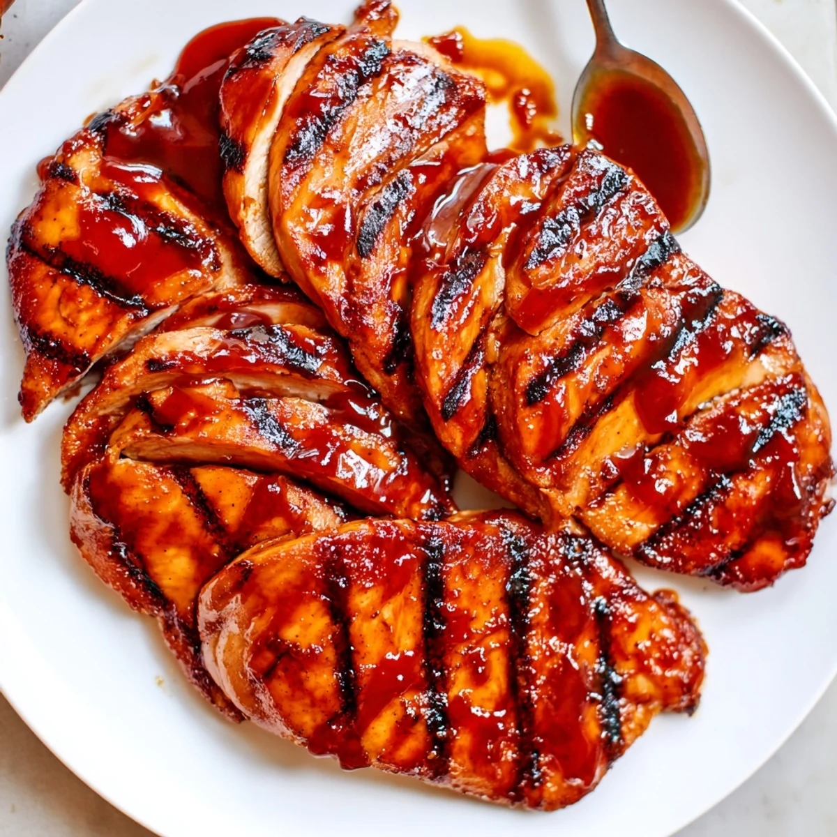 Caramelized grilled Coca Cola glazed chicken breast with glossy sauce on a rustic plate