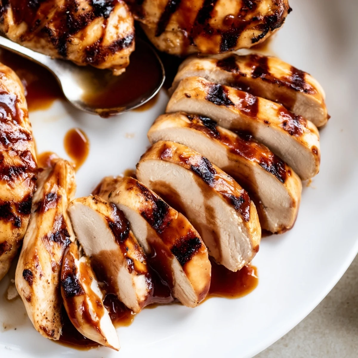 Golden brown grilled Coca Cola glazed chicken breast garnished with fresh green herbs