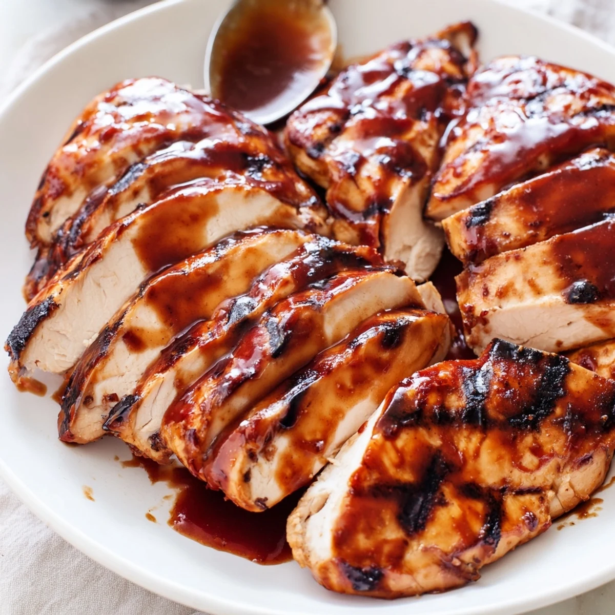 Juicy grilled Coca Cola glazed chicken breast sliced open revealing tender smoky meat