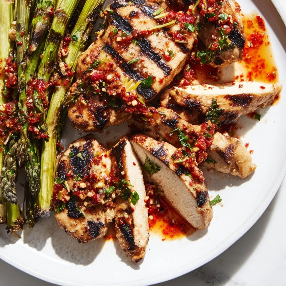 Smoky charred asparagus and grilled chicken topped with spicy Calabrian chili sauce