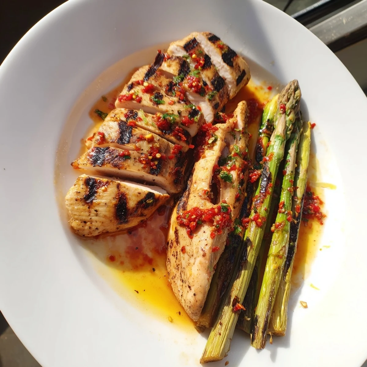 Juicy grilled asparagus chicken with Calabrian chili sauce drizzled on top
