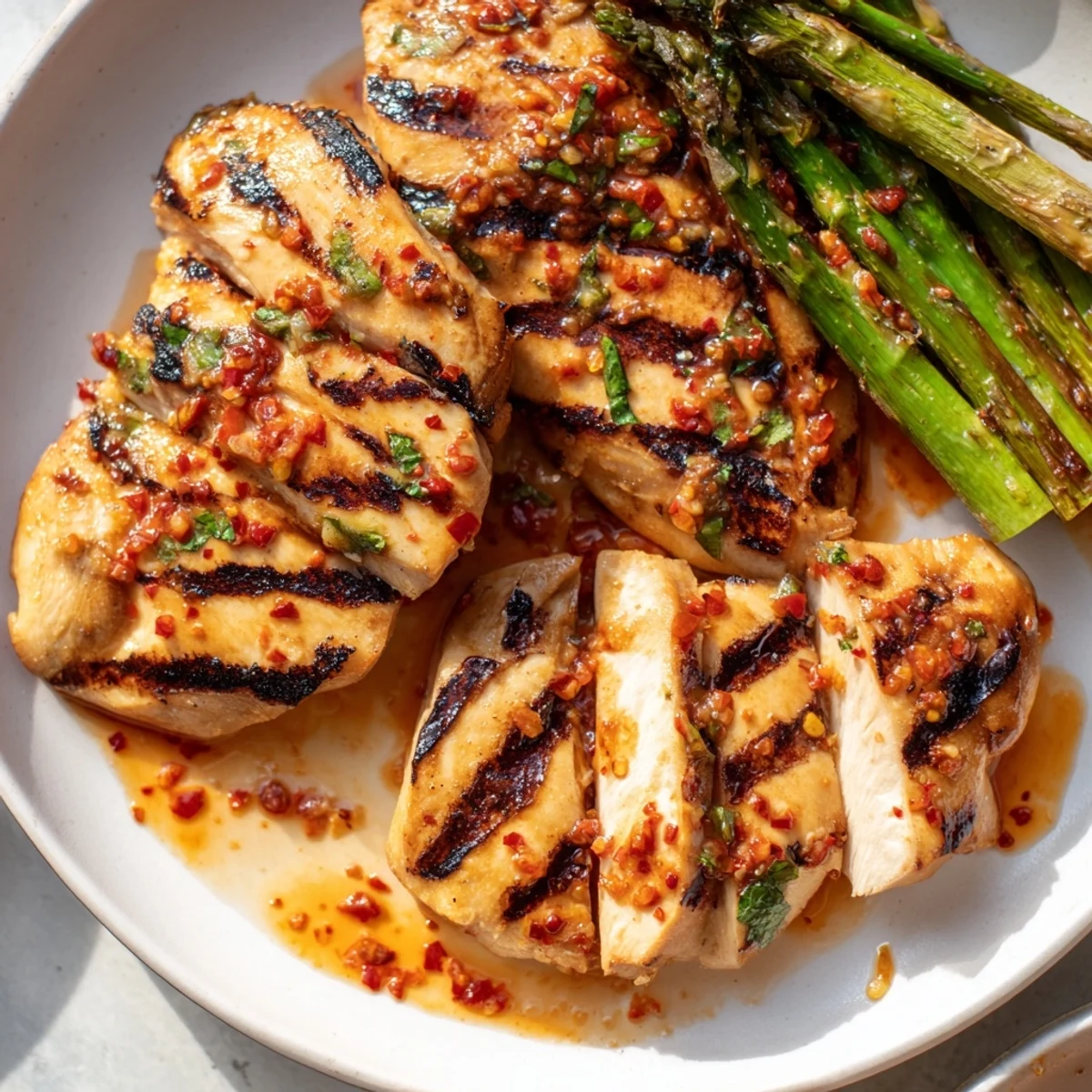 Golden grilled chicken breasts served alongside tender asparagus with vibrant Calabrian chili sauce