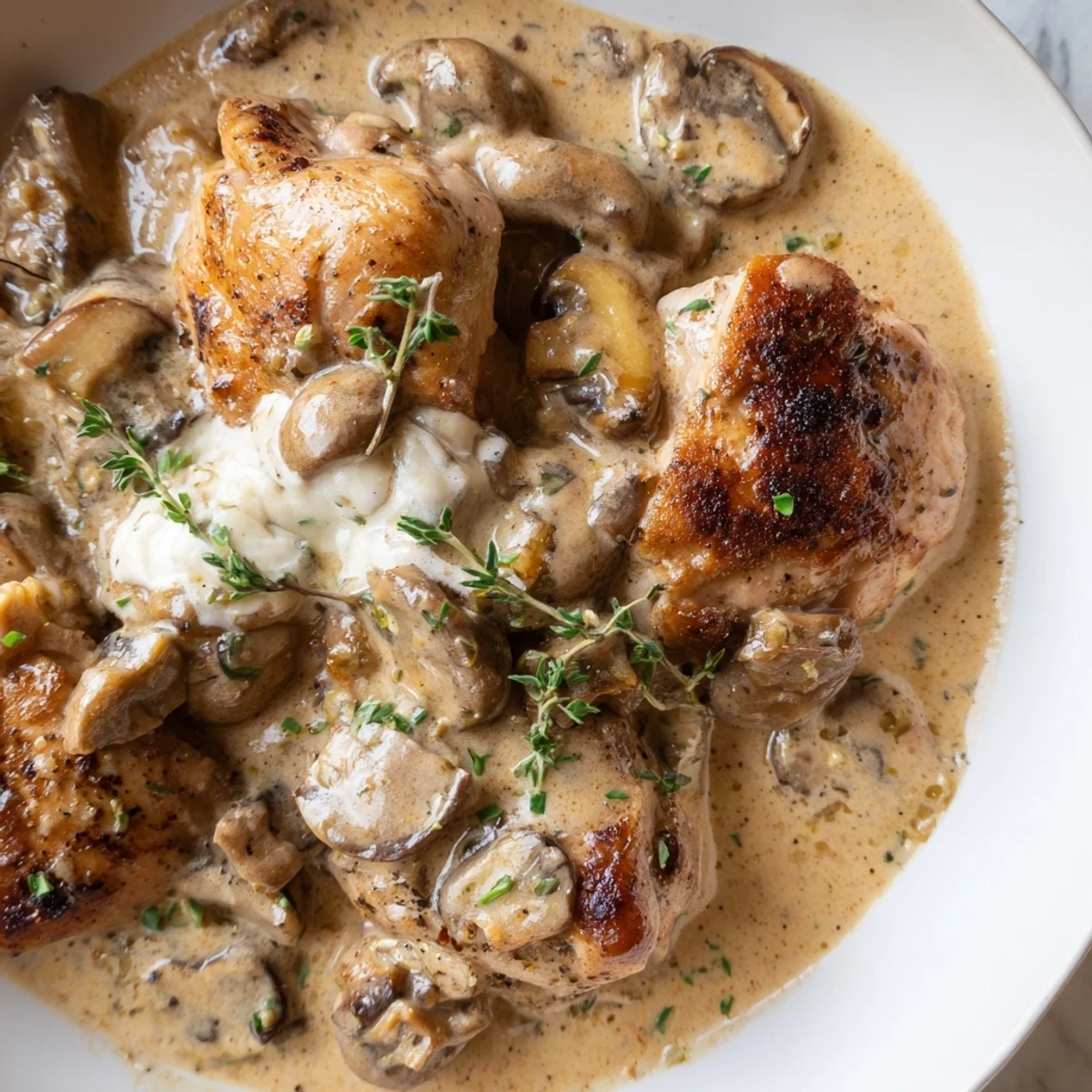 Creamy mushroom chicken smothered in a velvety sauce with golden herb-roasted potatoes