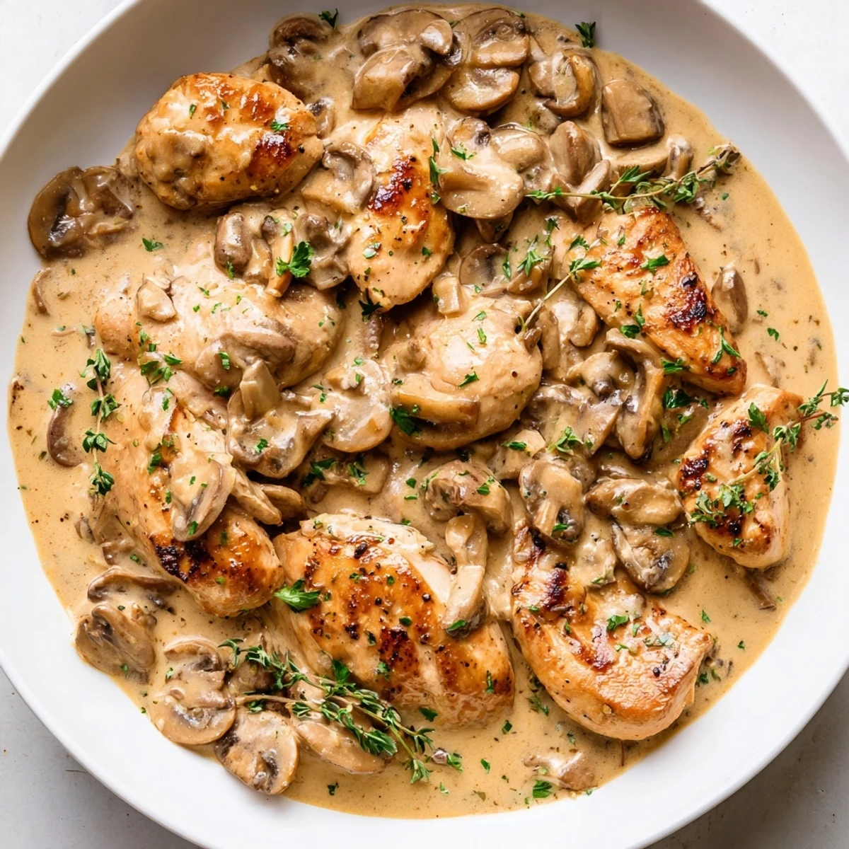 Pan-seared chicken in creamy mushroom sauce served beside crispy rosemary potatoes