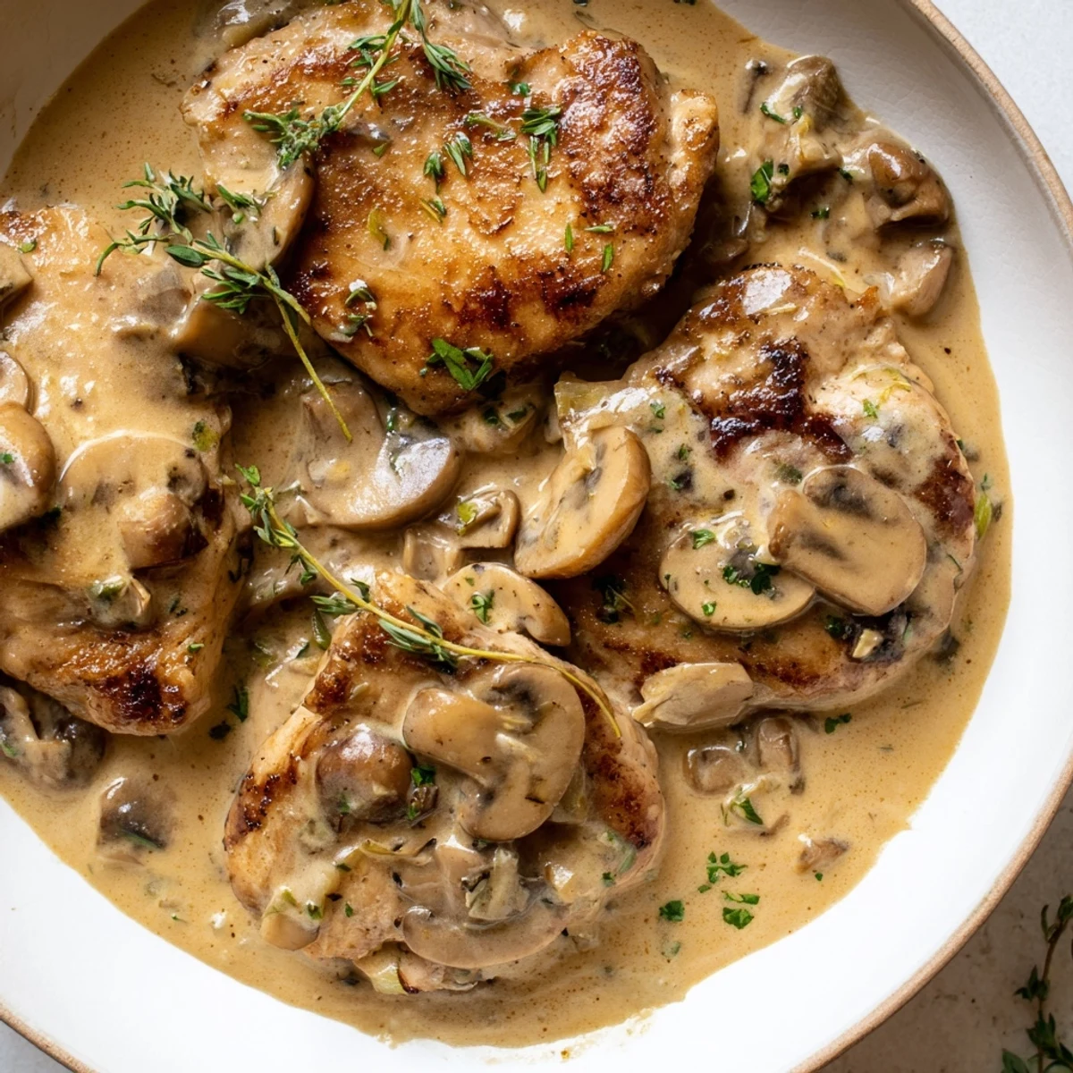 Tender chicken breasts topped with a rich mushroom cream sauce and crispy herb potatoes