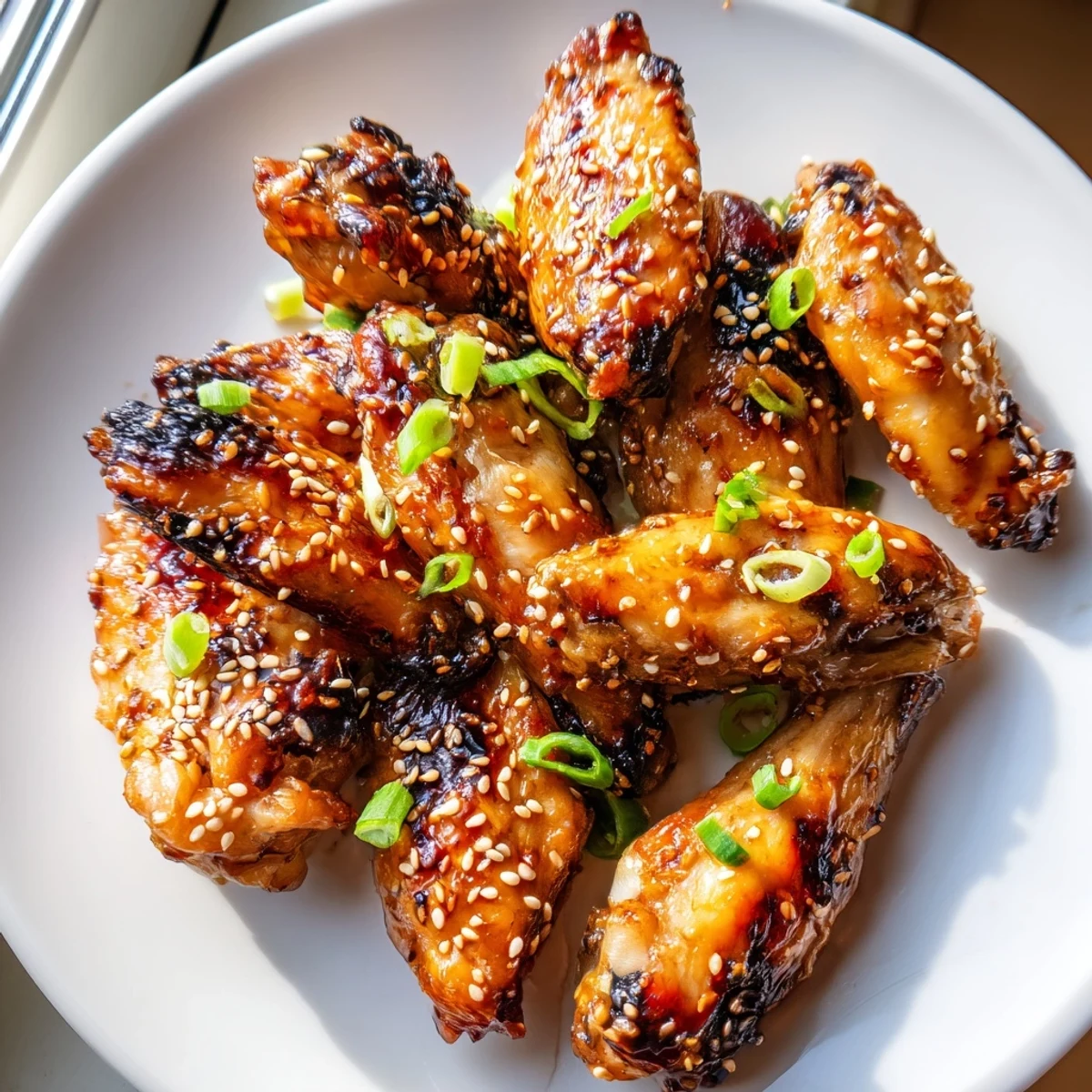 Crispy miso honey marinated chicken wings glazed golden on a rustic baking sheet