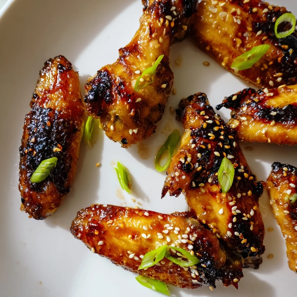 Miso honey marinated chicken wings topped with sesame seeds and green onions