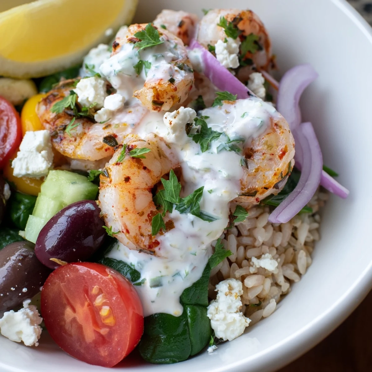 Golden seared Greek Shrimp Mediterranean Bowl piled high with crisp cucumbers and tangy feta