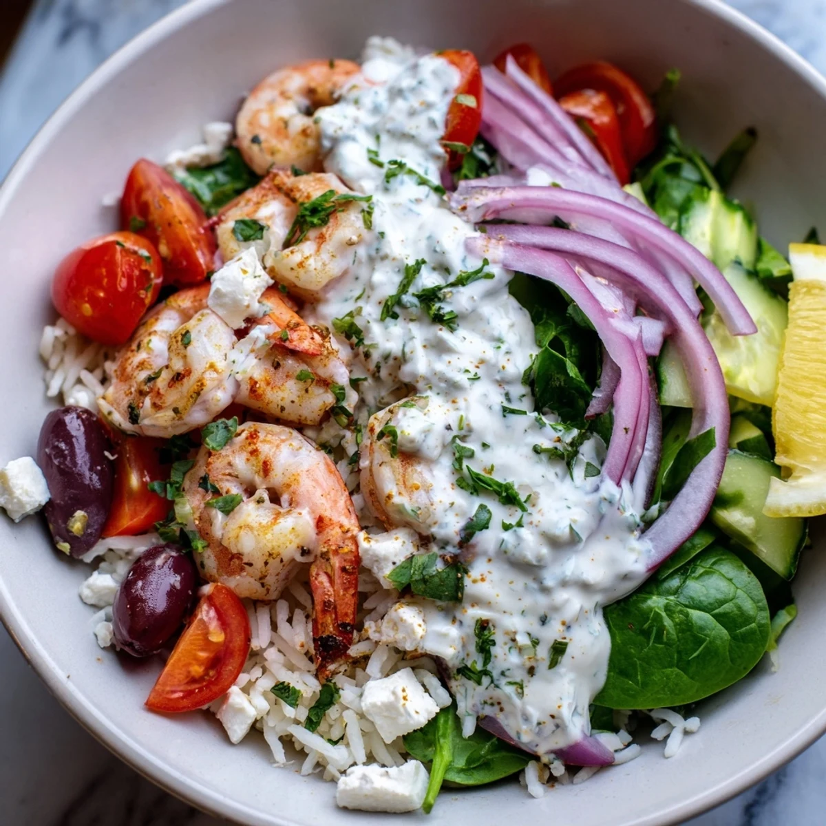 Juicy herb-marinated shrimp nestled over lemony rice with cool tzatziki in a Mediterranean Bowl