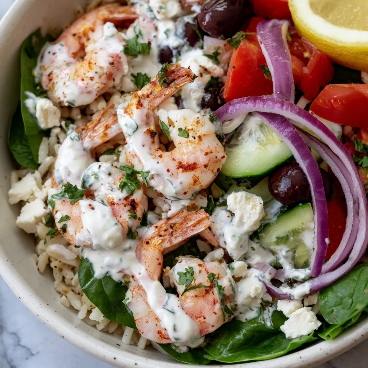 Colorful Greek Shrimp Mediterranean Bowl drizzled with creamy tzatziki beside vibrant cherry tomatoes and olives
