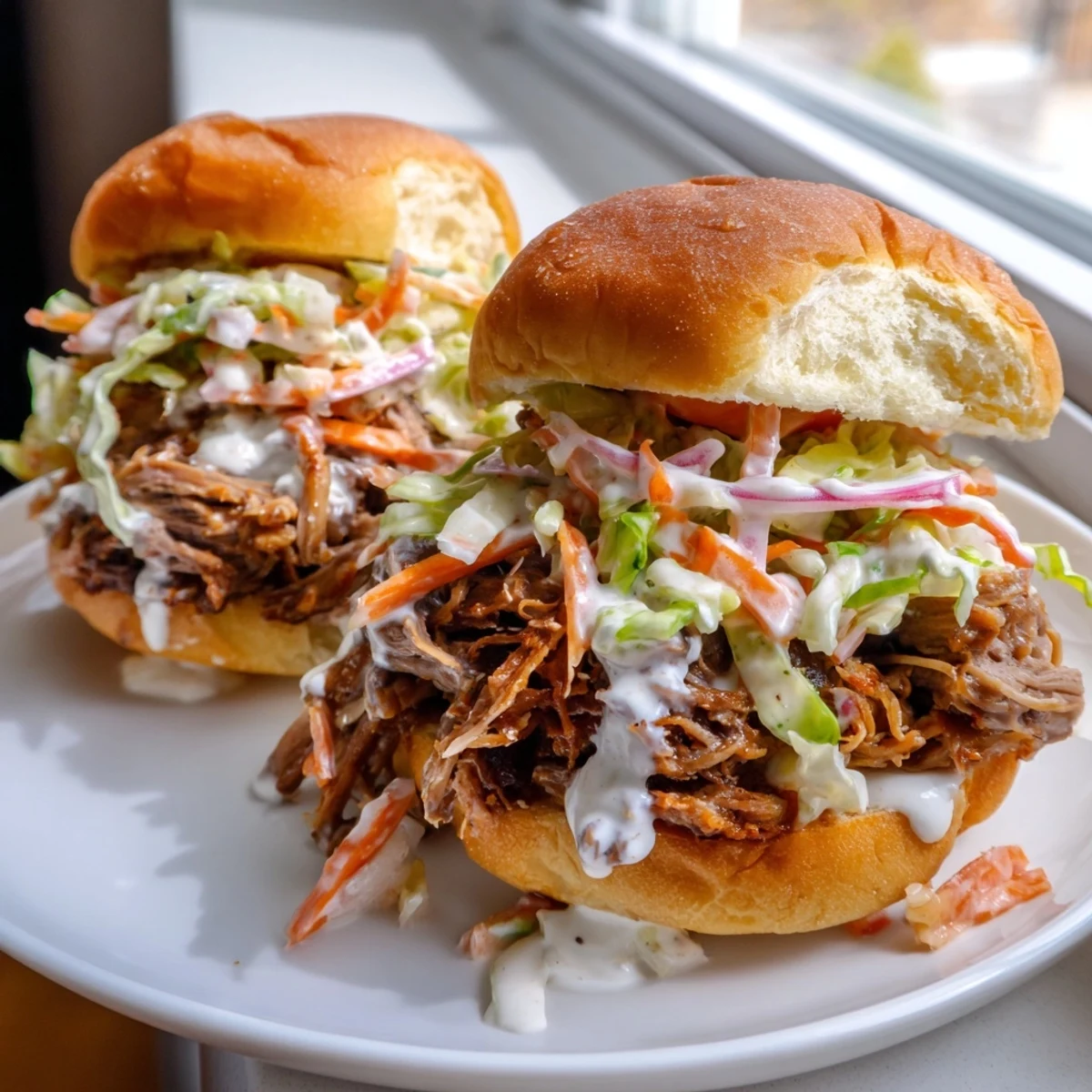 Juicy pulled lamb sliders dripping with tangy Alabama white sauce on toasted buns