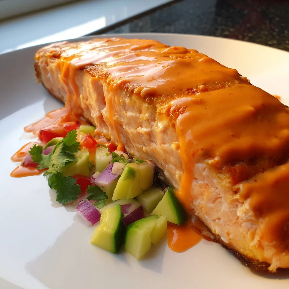 Flaky Bang Bang Salmon fillet coated in zesty Sriracha mayo served with cool cucumber avocado relish