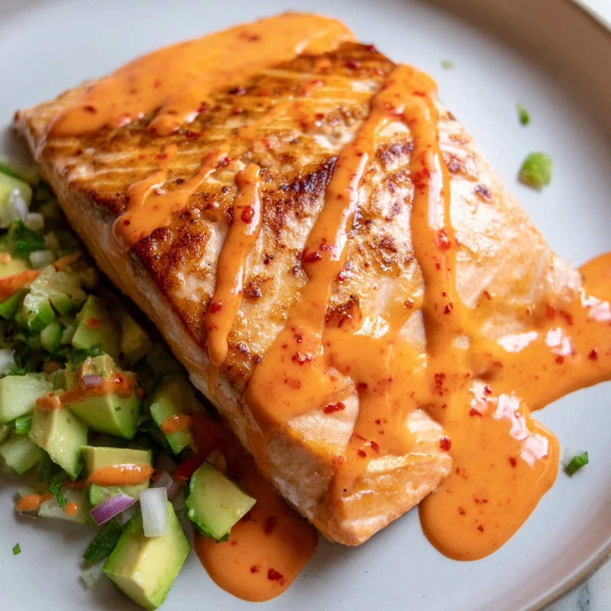 Pan-seared Bang Bang Salmon drizzled with spicy creamy sauce over fresh avocado cucumber salsa