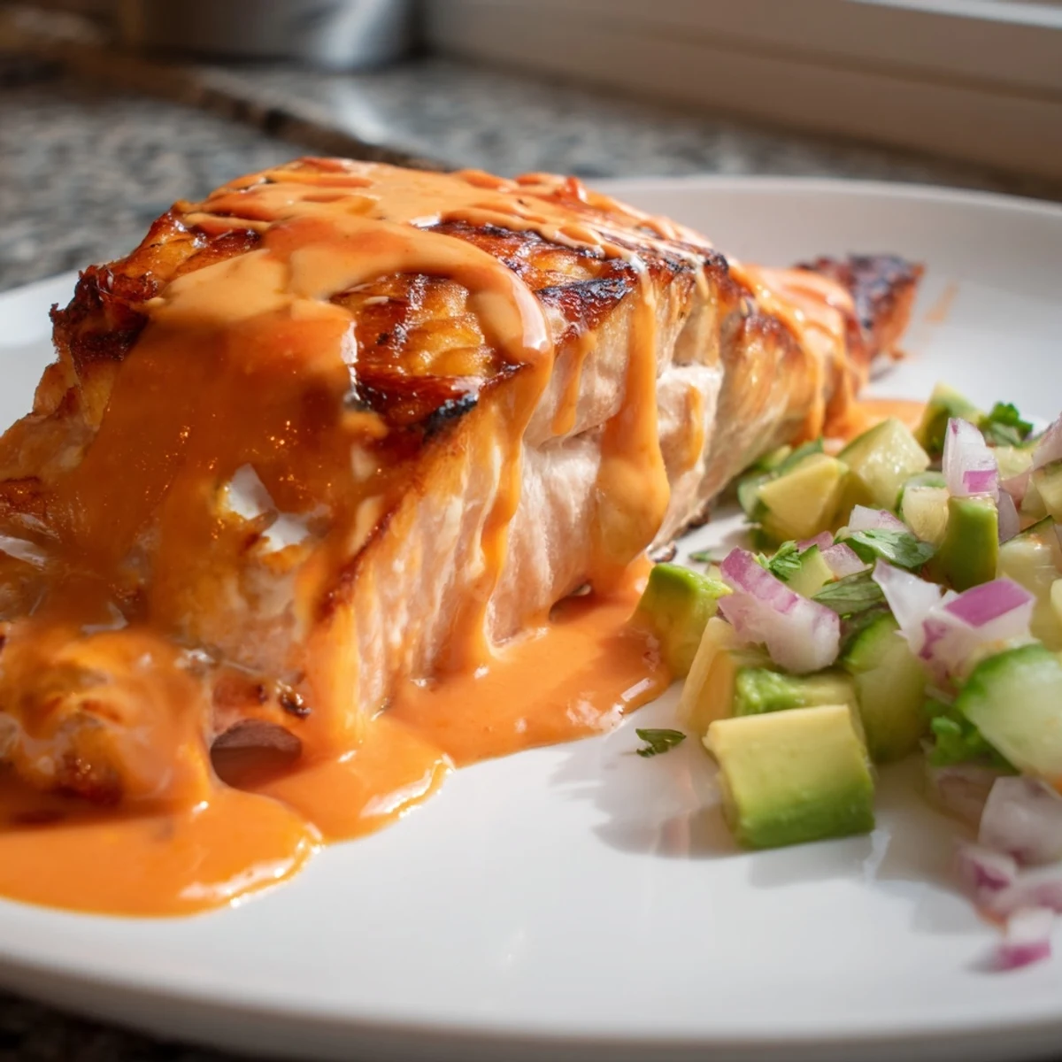 Golden baked Bang Bang Salmon topped with sweet chili sauce and vibrant green avocado salsa