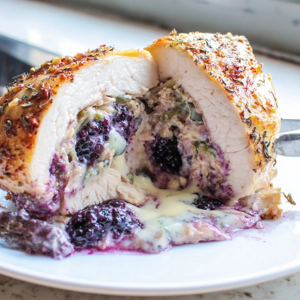 Juicy blackberry jalapeno stuffed chicken fresh from the oven with bubbling cheese