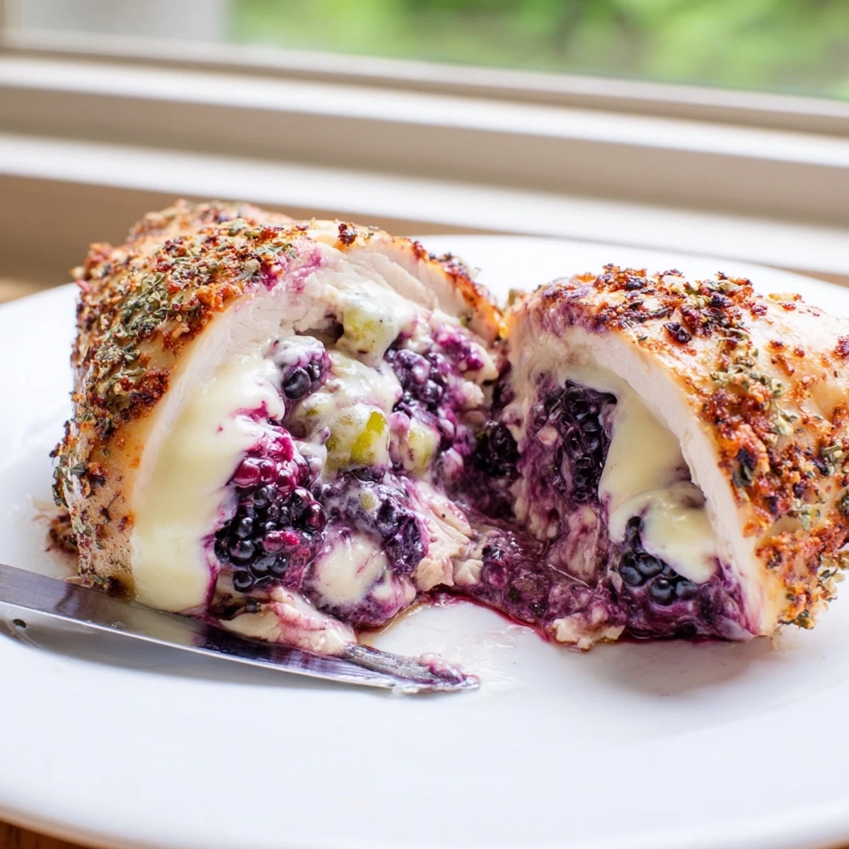 Blackberry jalapeno stuffed chicken sliced open revealing vibrant purple melty cream cheese filling