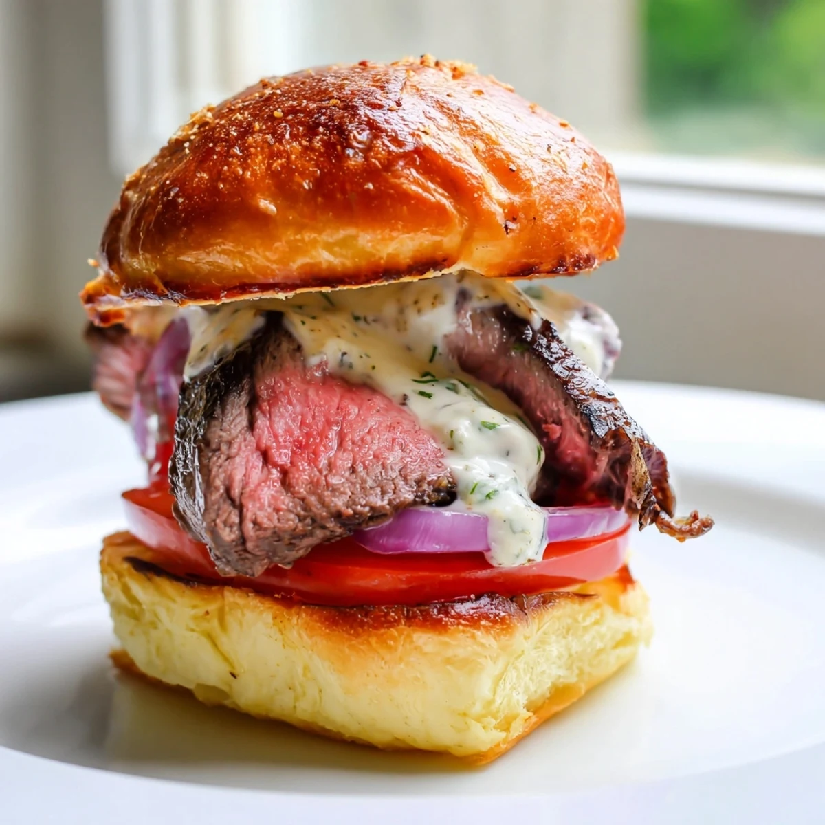 Juicy filet mignon sliders on golden garlic parmesan rolls ready to serve