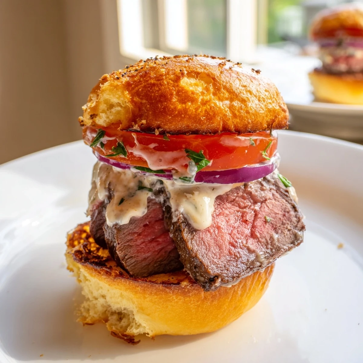 Crispy garlic parmesan rolls stacked with seared filet mignon sliders and arugula