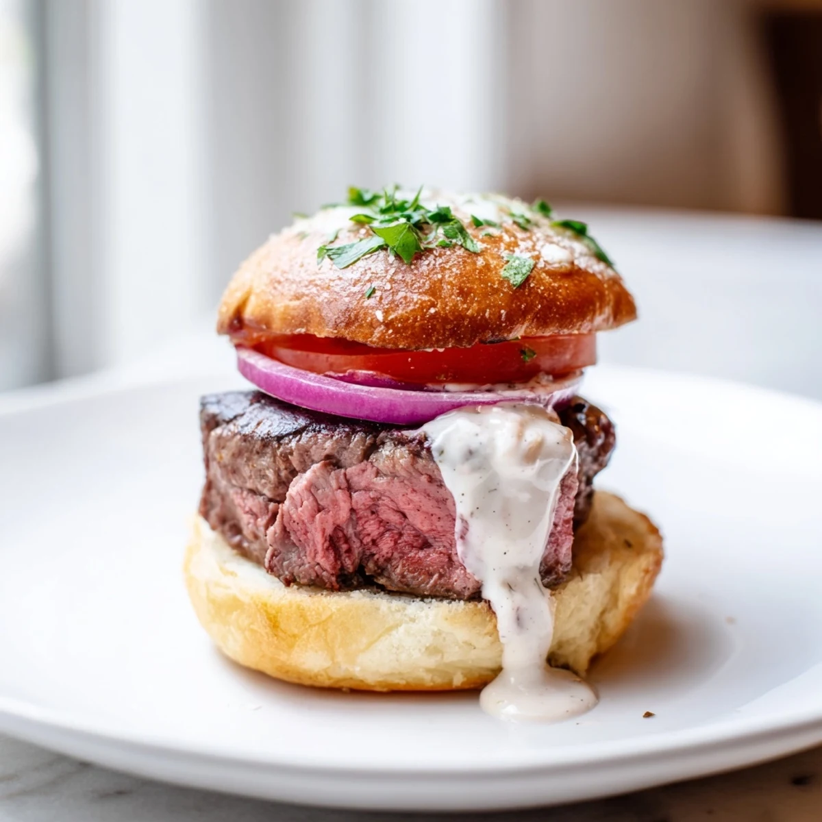 Toasted brioche buns topped with tender filet mignon sliders and fresh vegetables