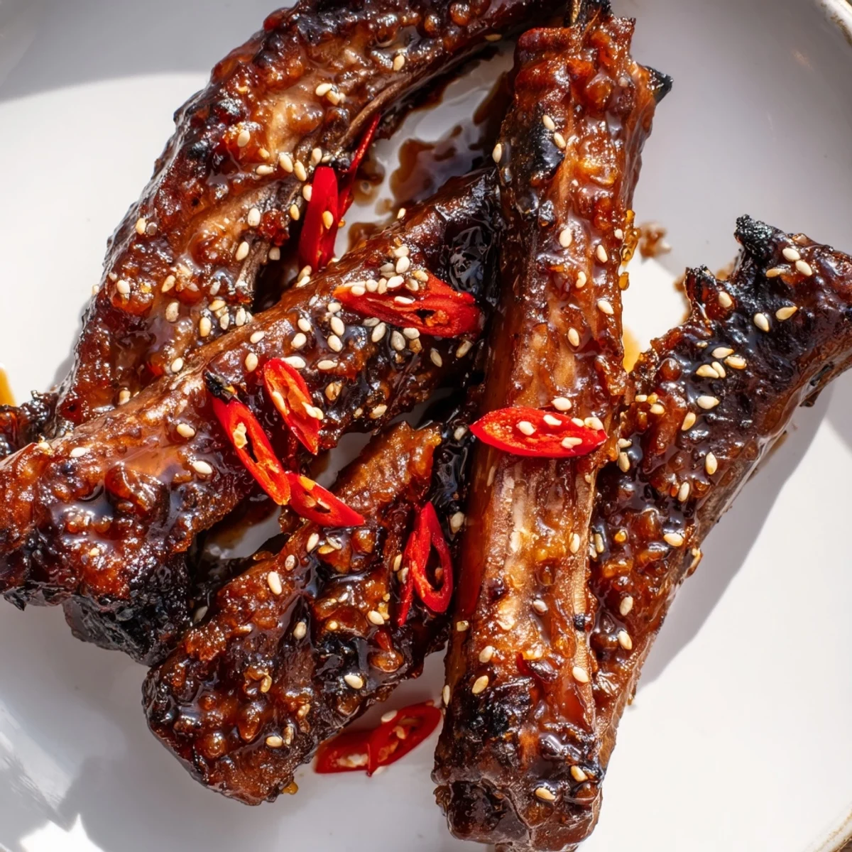 Juicy Korean BBQ Lamb Ribs charred on the grill topped with sesame seeds and fresh scallions