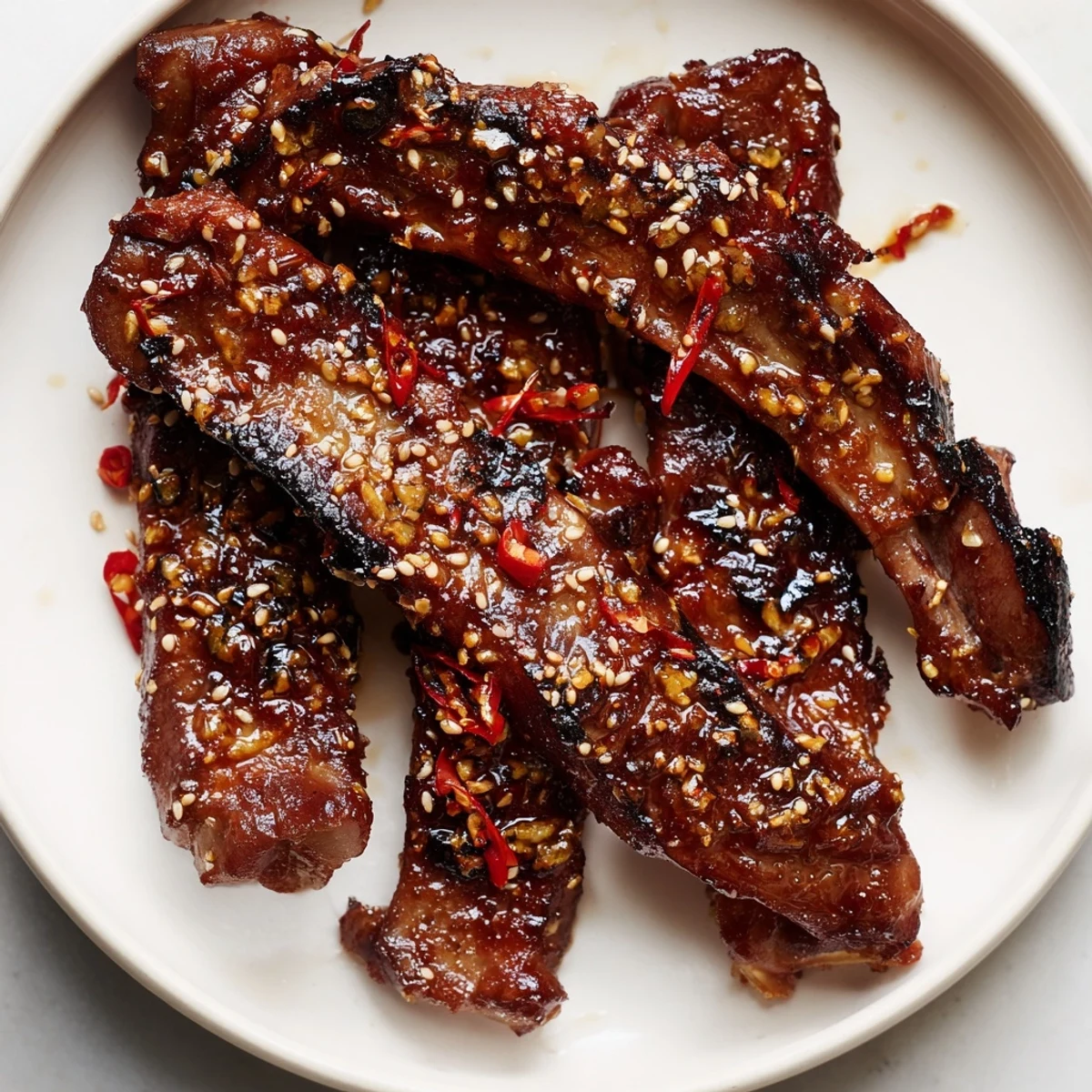 Korean BBQ Lamb Ribs glistening with caramelized glaze and bright yuzu citrus wedges on a rustic platter
