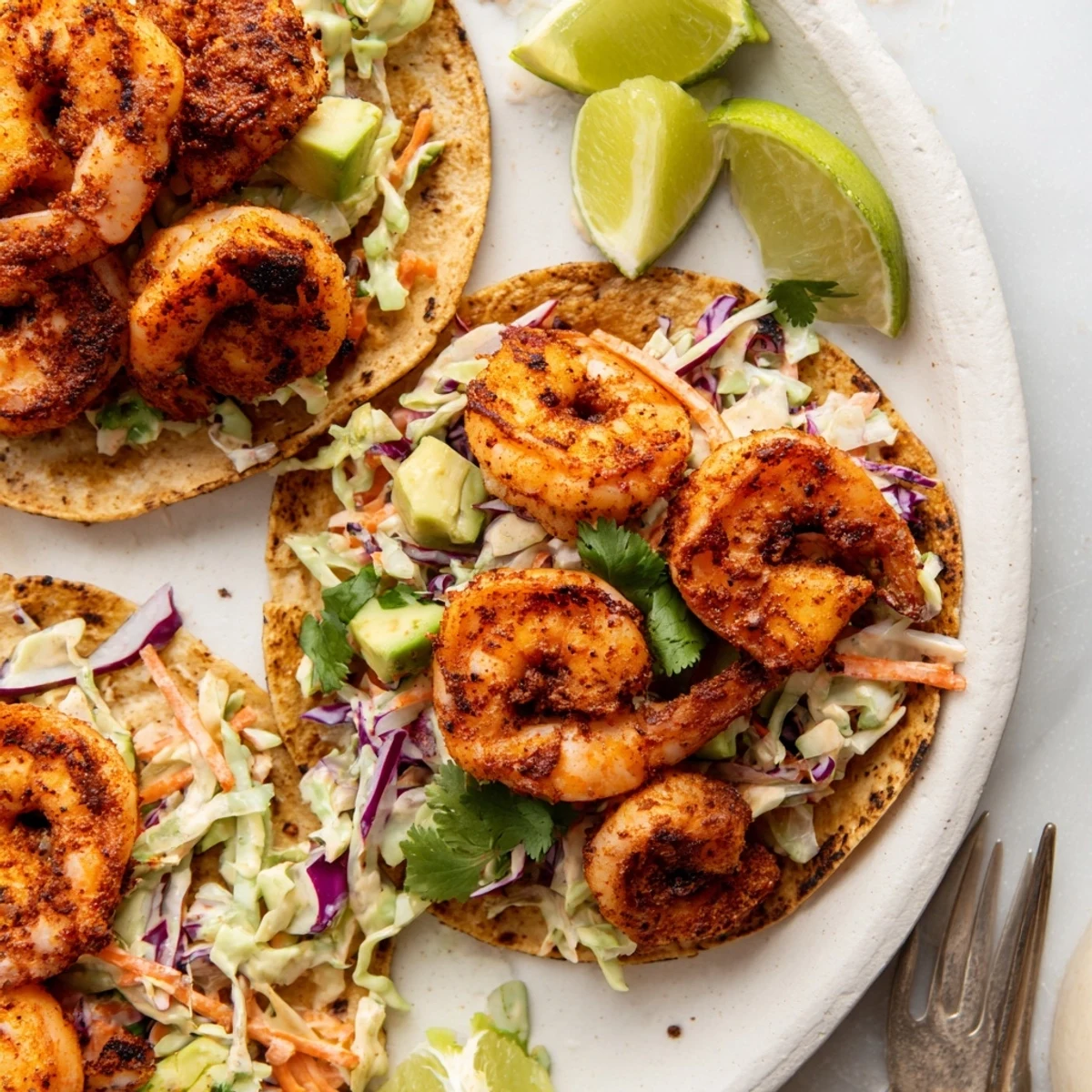 Crispy-edged spicy shrimp tacos loaded with tangy garlic cilantro lime slaw on warm tortillas.