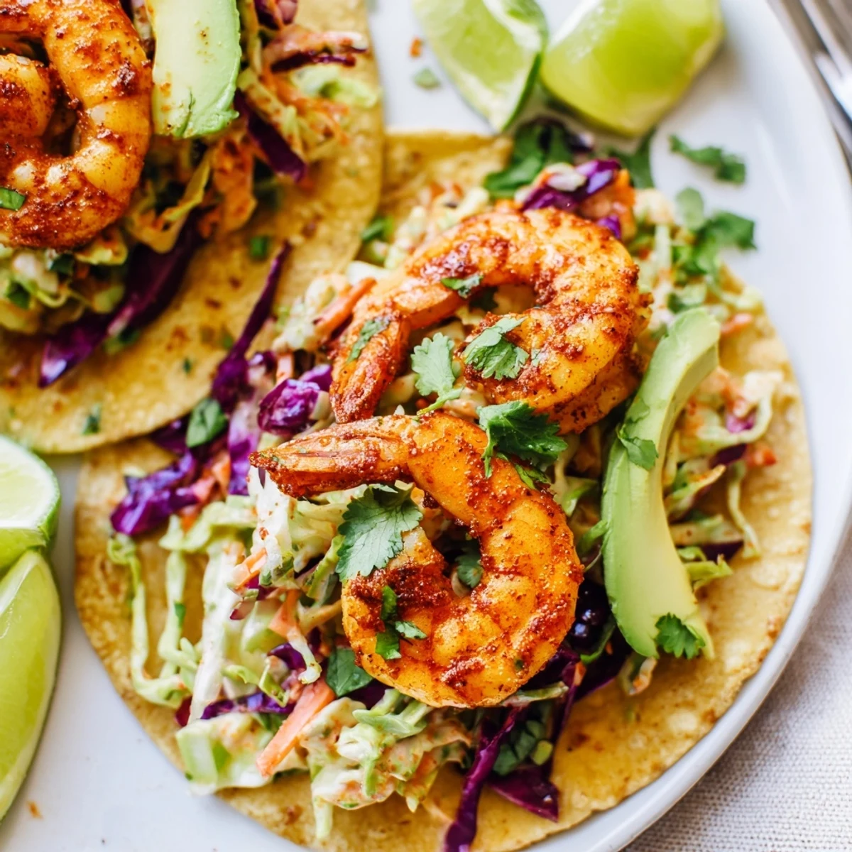 Golden pan-seared spicy shrimp tacos crowned with creamy slaw and fresh avocado slices.