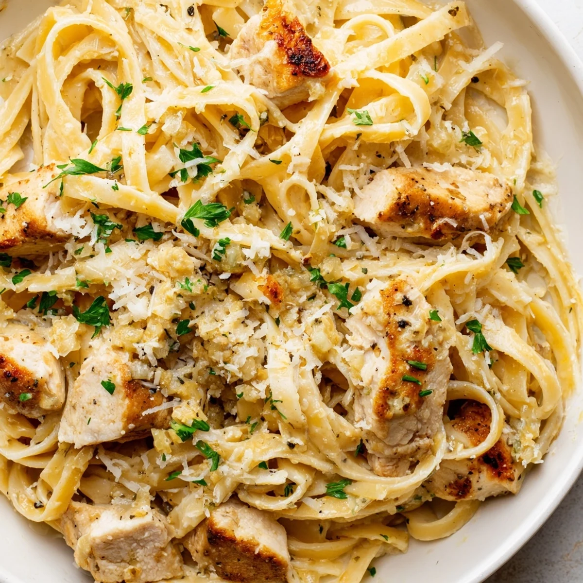 Tender sliced chicken tossed in a rich garlic Parmesan cream sauce coating fettuccine noodles