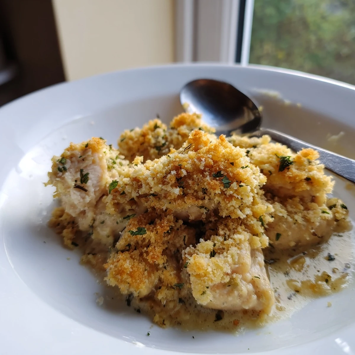 Golden crispy Chicken Kiev Casserole bubbling with garlicky herb butter sauce in a baking dish