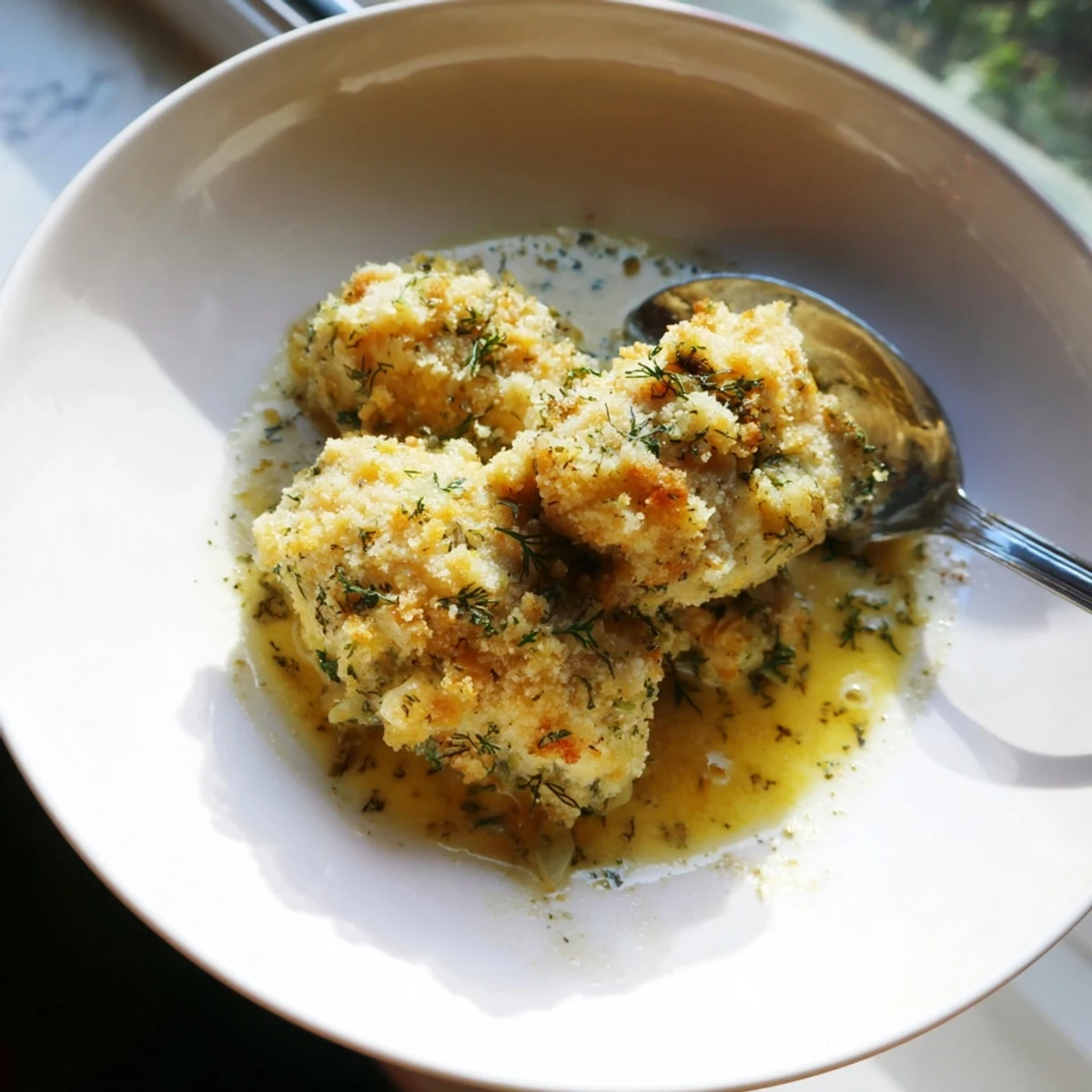 Creamy Chicken Kiev Casserole topped with crunchy Parmesan breadcrumbs fresh from the oven